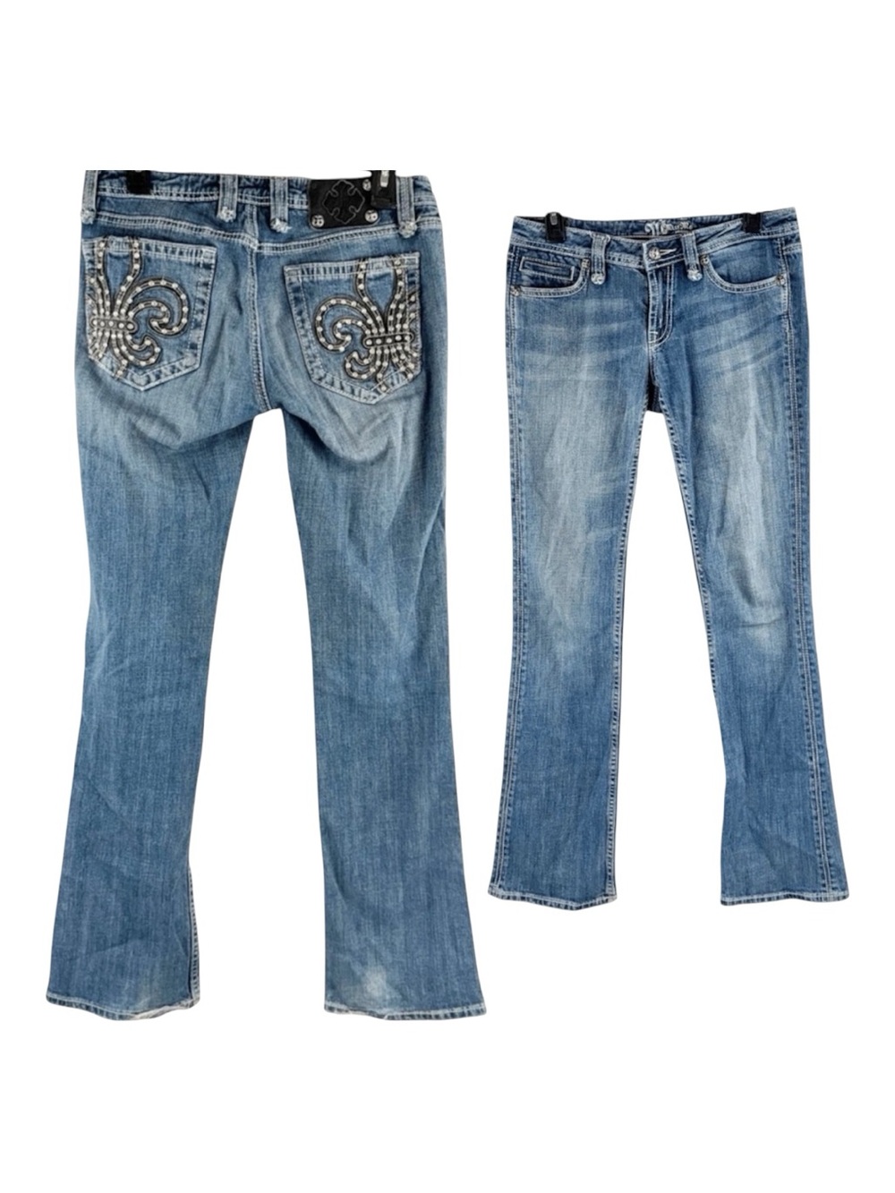 Miss Me Buckle Denim Rhinestone Leather Fleur De Lis Sexy Jeans 32”👖✨